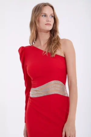 Rochie de ocazie eleganta mini rosie Feli cu o singura maneca