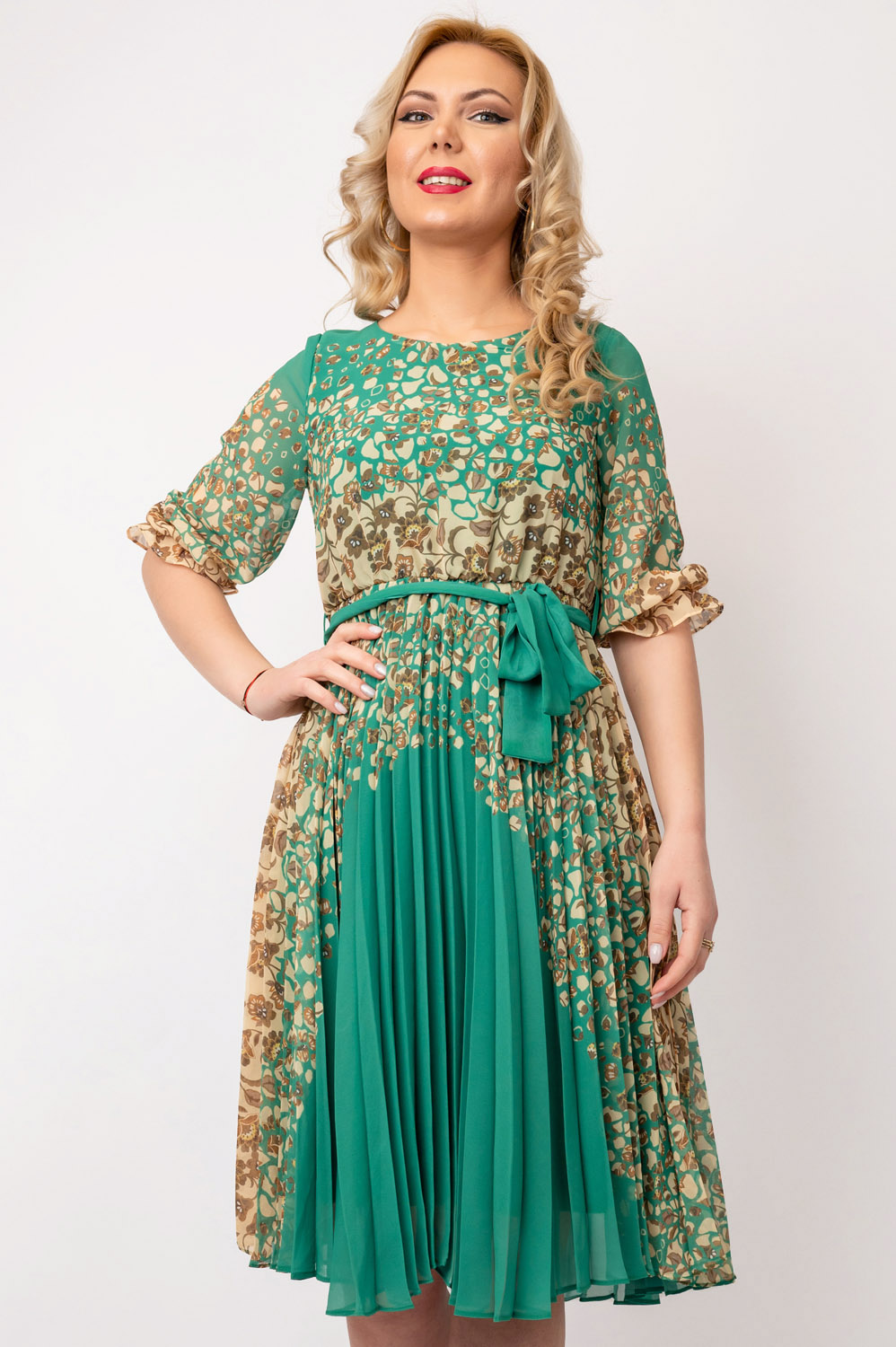 Rochie Dama Flavia Verde Cu Model Inflorat