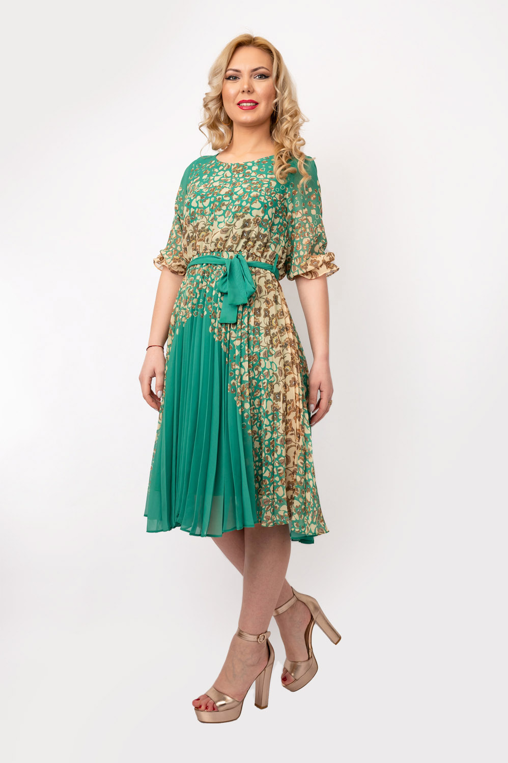 Rochie Dama Flavia Verde Cu Model Inflorat - imagine 2