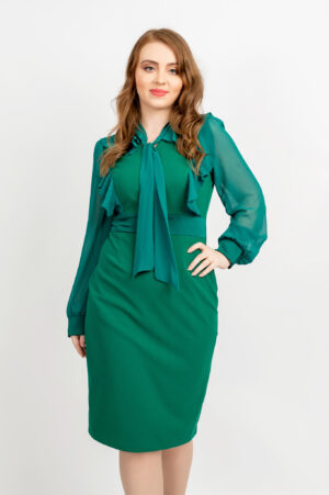 Rochie conica accesorizata cu esarfa si volane verde - Moze