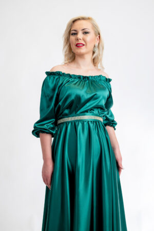 Rochie Verde Zonia Lunga din Satin cu Cordon