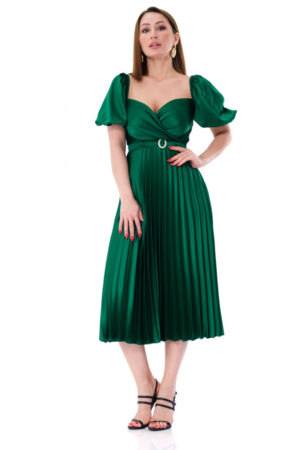 Rochie eleganta plisata midi din satin verde cu maneca scurta Adelina