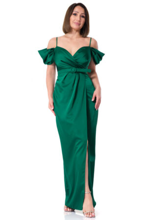 Rochie maxi Serena fara maneci din satin verde crapata pe picior