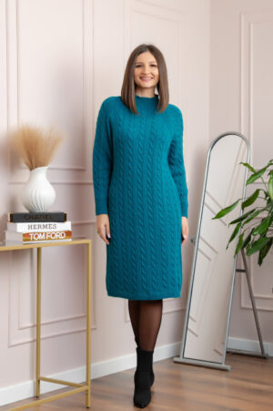 Pulover tricotat tip rochie Rachel cu maneci raglan - Turcoaz