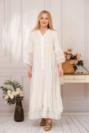 Rochie alba lunga boho chic cu volane si dantela