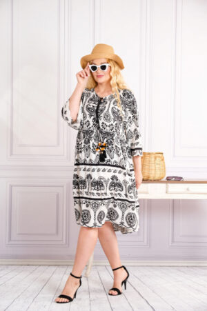 Rochie alba midi boho chic cu imprimeuri mandala negre