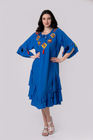 Rochie albastra boho chic cu romburi si ciucuri