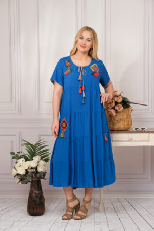 Rochie albastra boho chic cu snur si ciucuri