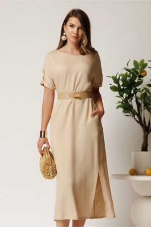 Rochie midi bej din tencel croi drept si curea in talie
