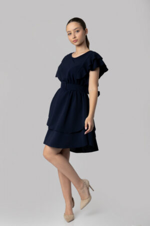 Rochie bleumarin cu volane si centura in talie