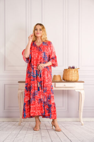 Rochie corai lunga boho chic cu imprimeuri florale albastre
