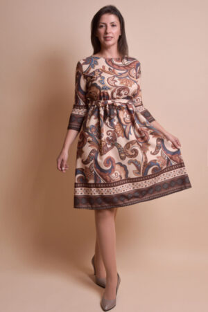 Rochie office crem cu imprimeuri florale maro si cordon in talie