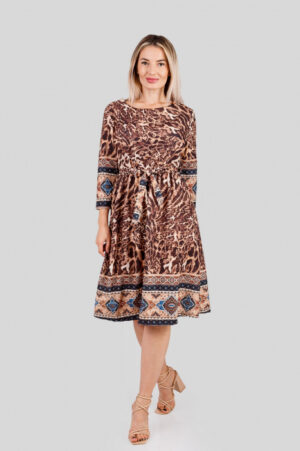 Rochie office crem cu imprimeuri maro si cordon in talie