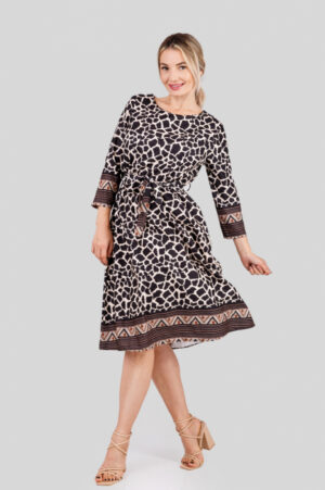 Rochie office cu animal print maro si cordon in talie