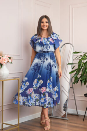 Rochie de ocazie Elle cu volane ample si imprimeuri florale - Bleumarin
