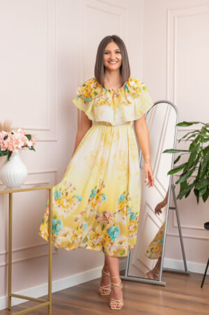 Rochie de ocazie Elle cu volane ample si imprimeuri florale - Galben