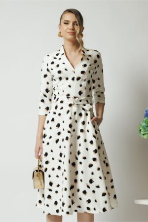 Rochie din stofa alba midi de zi cu imprimeuri bej si decolteu