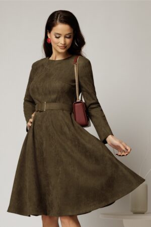 Rochie DY Fashion kaki clos din piele intoarsa si curea in talie