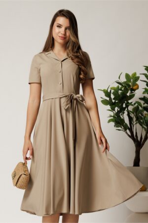 Rochie DY Fashion midi bej din stofa subtire cu cordon si buzunare