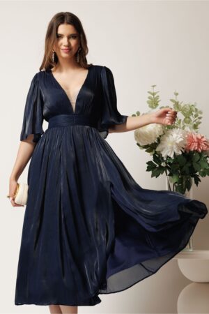 Rochie DY Fashion midi bleumarin din voal in clos cu tull la decolteu si crapatura pe picior