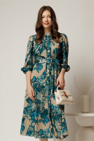 Rochie DY Fashion midi crem cu imprimeu turcoaz cu maneci bufante si curea in talie