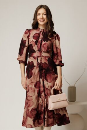 Rochie DY Fashion midi cu imprimeu magenta cu maneci bufante si curea in talie