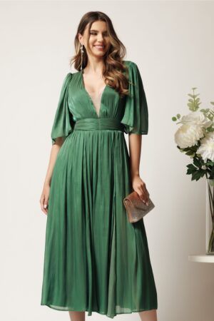Rochie DY Fashion midi verde din voal in clos cu tull la decolteu si crapatura pe picior