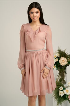 Rochie DY Fashion roz cu volan si strasuri
