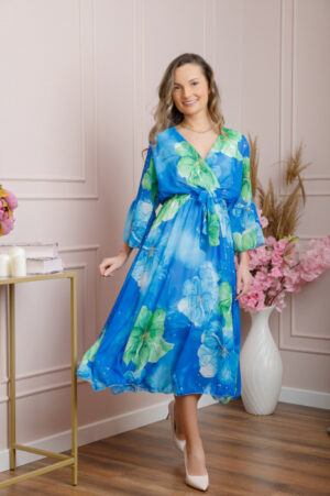 Rochie eleganta Adaline din voal albastru cu imprimeuri florale