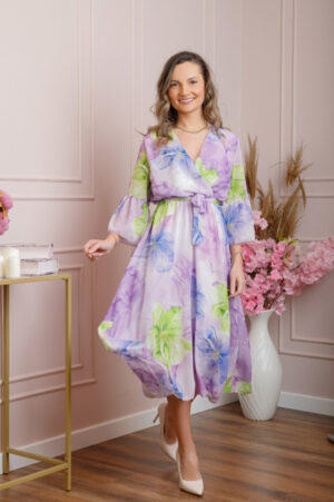 Rochie eleganta Adaline din voal lila cu imprimeuri florale