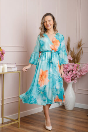 Rochie eleganta Adaline din voal turcoaz deschis cu imprimeuri florale