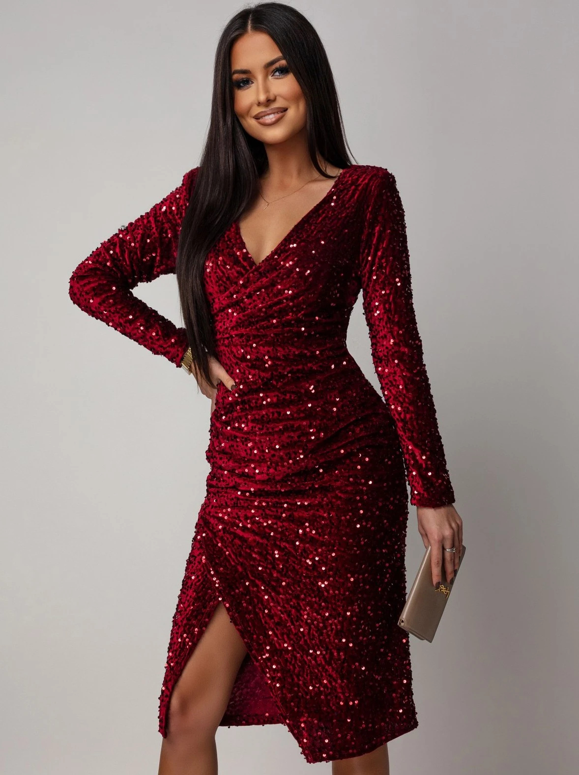 Rochie eleganta midi bordo cu pa... - imagine 2
