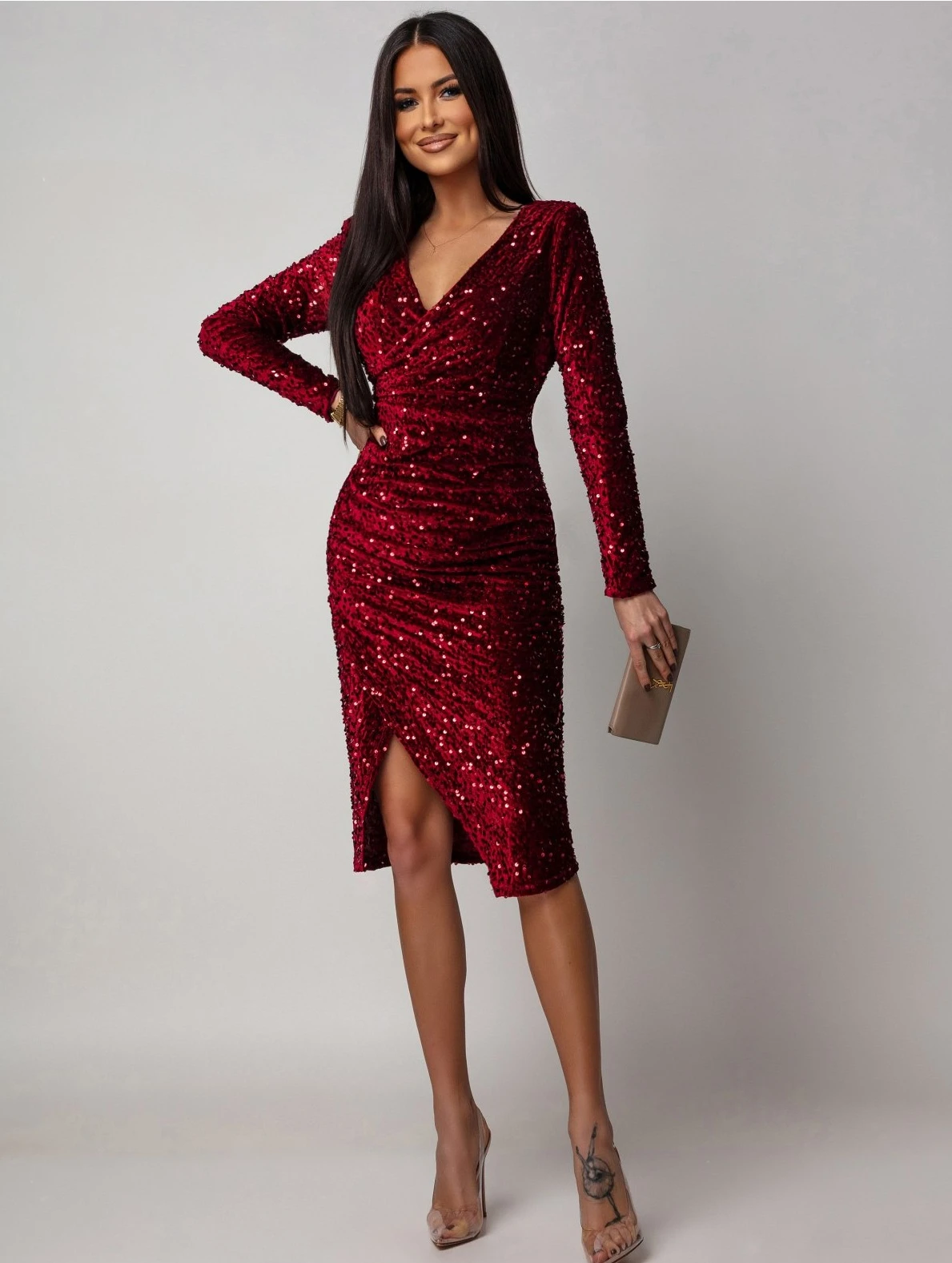 Rochie eleganta midi bordo cu pa...
