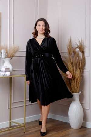 Rochie Emily din catifea plisata neagra cu bust petrecut