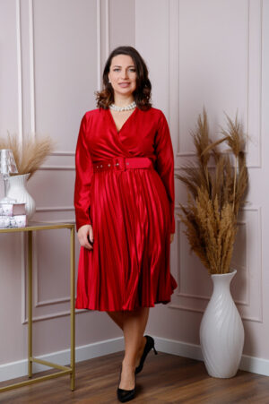 Rochie Emily din catifea plisata rosie cu bust petrecut