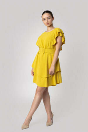 Rochie galbena cu volane si centura in talie