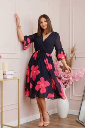 Rochie Lucy eleganta din voal cu imprimeuri florale - Bleumarin