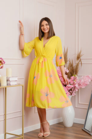 Rochie Lucy eleganta din voal cu imprimeuri florale - Galben