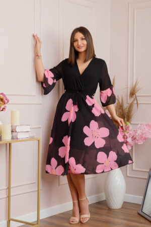 Rochie Lucy eleganta din voal cu imprimeuri florale - Negru