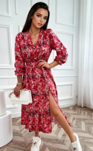 Rochie lunga rosie cu imprimeu f...