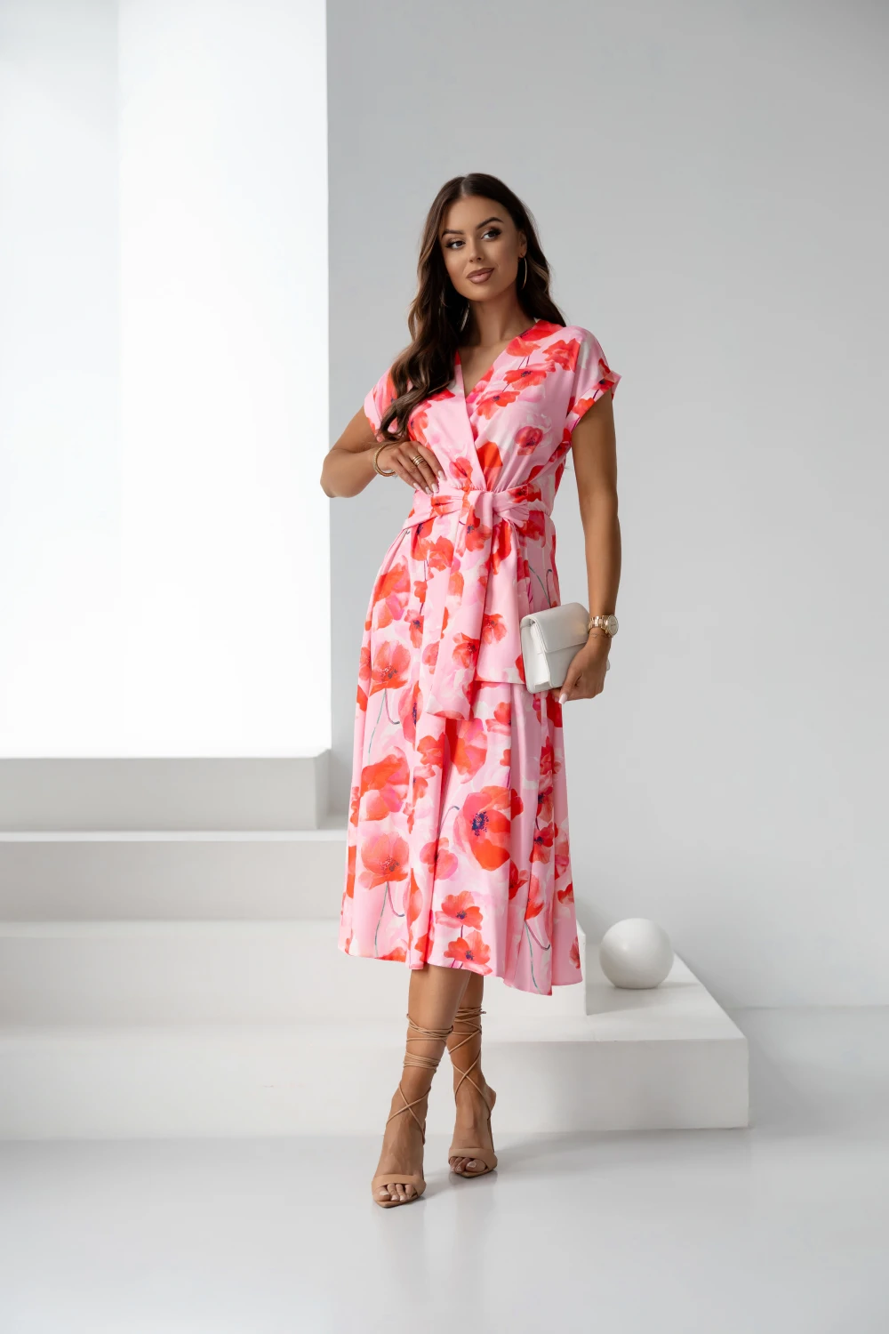Rochie lunga roz cu imprimeu flo... - imagine 2