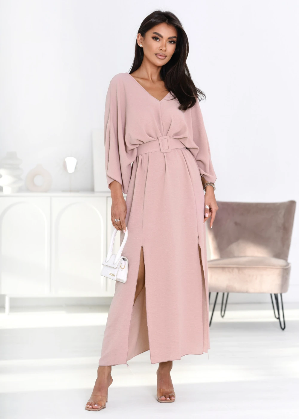 Rochie lunga roz pudrat cu decol... - imagine 2