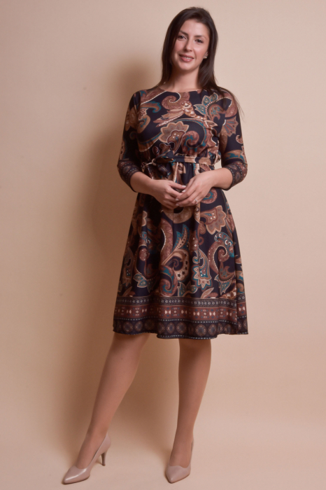 Rochie office maro cu imprimeuri florale maro si cordon in talie