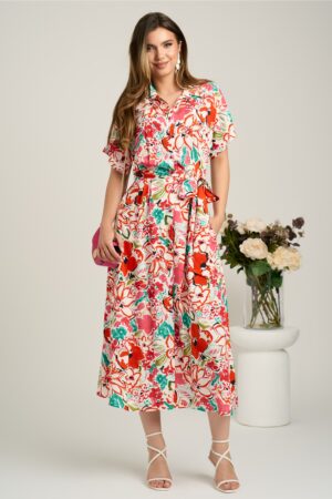 Rochie midi alba cu flori corai din viscoza in clini cu nasturi si cordon in talie