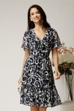 Rochie midi alba din voal cu imprimeu bleumarin si volane