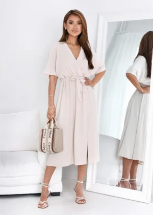 Rochie midi bej cu decolteu petr...