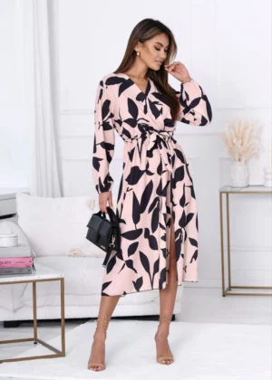 Rochie midi bej cu imprimeu abst...