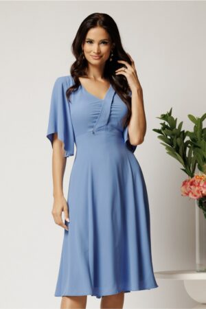 Rochie midi bleu din voal in clos cu decolteu