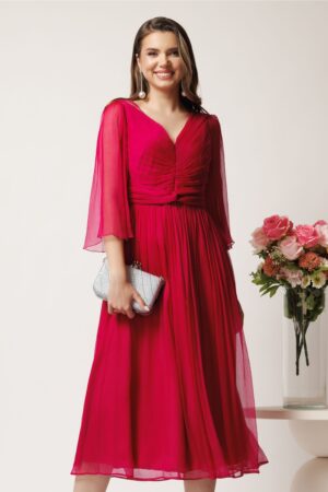 Rochie midi fucsia in din matase naturala cu maneci evazate- Leonard Collection