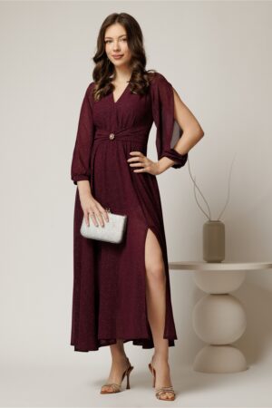 Rochie midi magenta de ocazie din voal cu sclipici